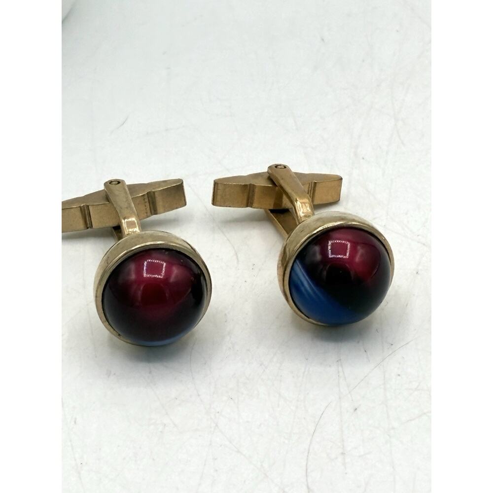 Kreisler Craft Vintage Cufflinks Swirl Art Glass Cabochon Burgundy Blue Gold